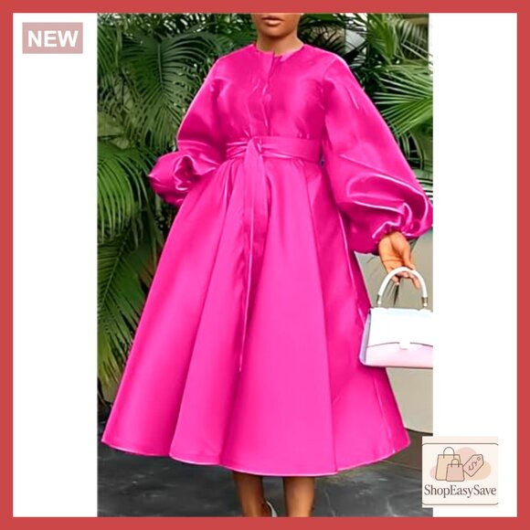 Satin Maxi Dress Long Sleeve A-Line Flowy Elegant Semi Formal with Pockets - Picture 4 of 5